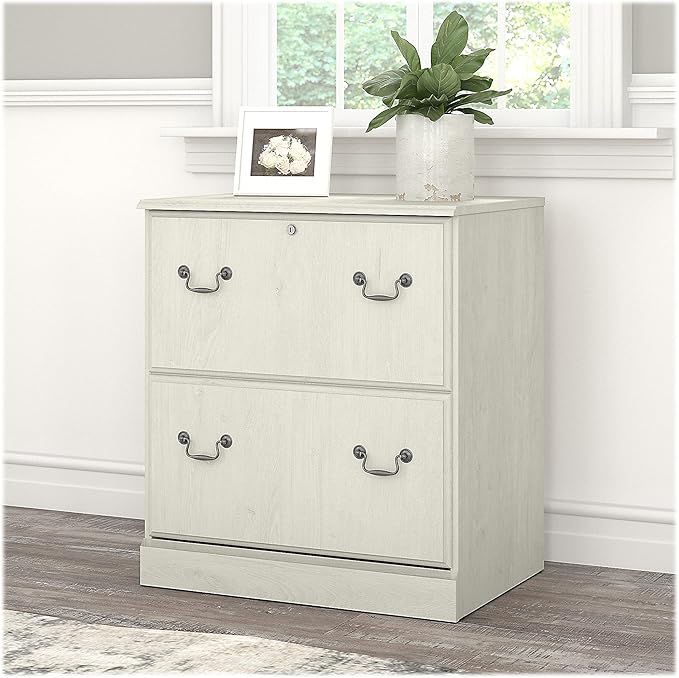 Bush Furniture Saratoga 2 Drawer Lateral File Cabinet in Harvest Cherry, Document Storage Chest for Home Office, Linen White Oak