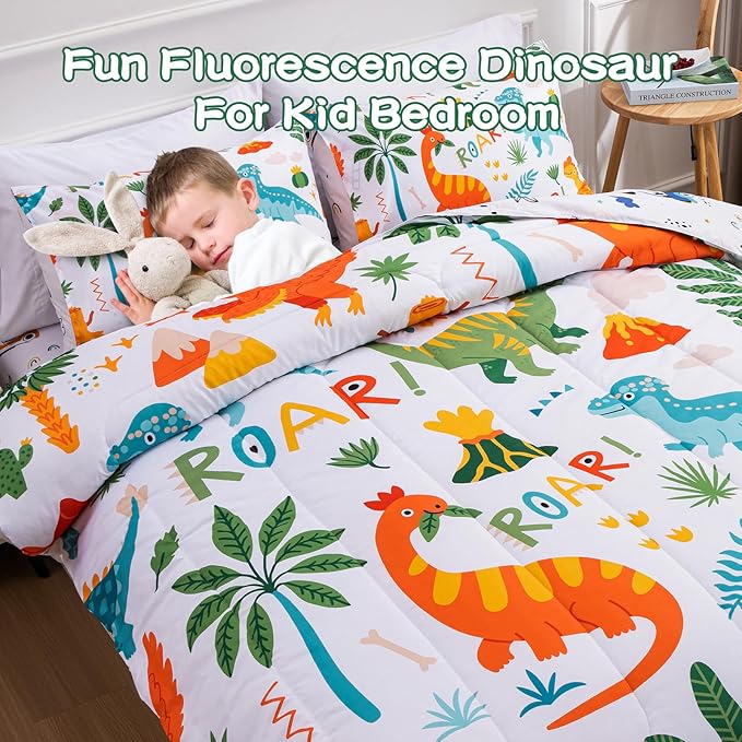 Meeting Story Dinosaur Bedding Set for Boys, Dinosaur Colorful Pattern Style Full Comforter Set, 3 PCS 1 Comforter and 2 Pillowcases in One Bag(Full,White)