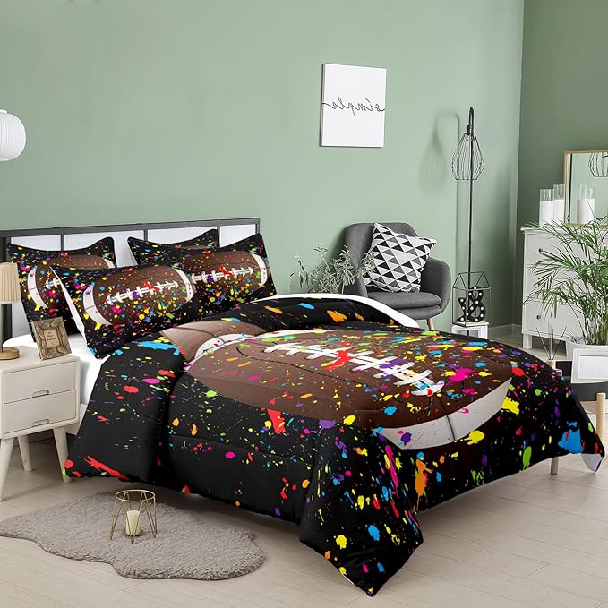 Tailor Shop Football Comforter Set for Boys Teens Kids Black Splash Ink Colorful Sports Football Bedding Set Queen Size with 1 Comforter 2 Pillow Shams……