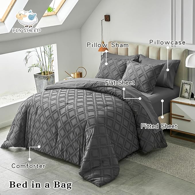 7 Pieces Tufted Bed in a Bag King Comforter Set with Sheets Dark Grey, Soft and Embroidery Shabby Chic Boho Bohemian, Luxury Solid Color with Diamond Pattern, Jacquard Tufts Bedding Set for All Season