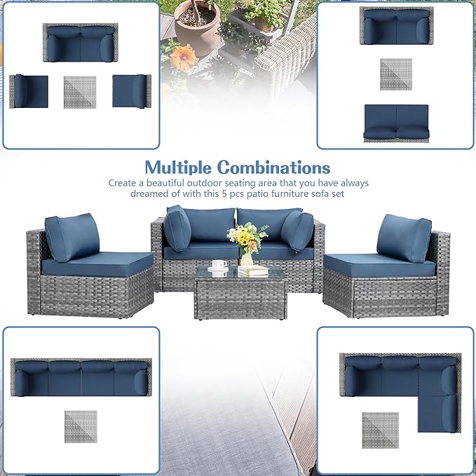 Shintenchi 5 Pieces Outdoor Patio Sectional Sofa Couch, Silver Gray PE Wicker Furniture Conversation Sets with Washable Cushions & Glass Coffee Table for Garden, Poolside, Backyard (Aegean Blue)