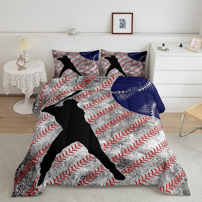 Erosebridal Baseball Comforter Set Twin for Boys Teen Baseball Athlete Bedding Set Kids Ball Games Sports Bed Comforter Sets Sport Baseball Quilt Duvet 1 Pillow Case Retro Red Dark Blue White