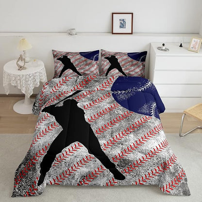 Erosebridal Baseball Comforter Set Full for Boys Teen Baseball Athlete Bedding Set Kids Ball Games Sports Bed Comforter Sets Sport Baseball Quilt Duvet 2 Pillow Cases Retro Red Dark Blue White