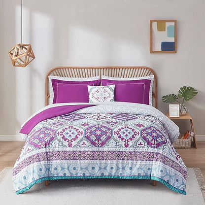 Degrees of Comfort Purple Comforter Set,Queen Boho Bedding Sets with Sheets,Bohemian Microfibe Bed in A Bag with Side Pockets, Matching Decorative Pillow, 8 Piece