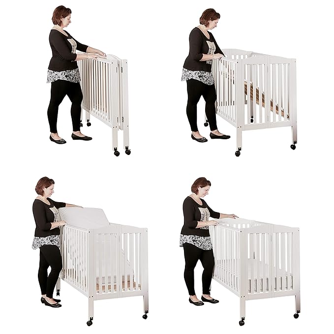 3 in 1 Portable Folding Stationary Side Crib in White, Greenguard Gold Certified, Safety Wheel with Locking Casters, Convertible, 3 Mattress Heights