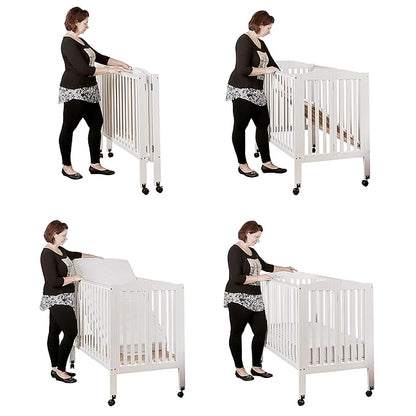3 in 1 Portable Folding Stationary Side Crib in White, Greenguard Gold Certified, Safety Wheel with Locking Casters, Convertible, 3 Mattress Heights