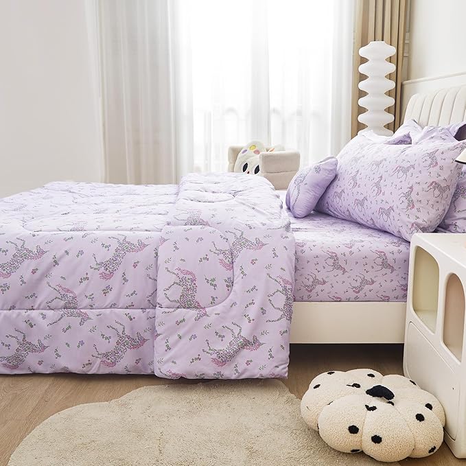 Mooreeke Full Size Comforter Sets for Girls Kids, 8 Pieces Bed in a Bag Purple Floral Unicorn Bedding Comforter Sheet Set with Shams and Decorative Toy Pillow, Ultral Soft Microfiber Kids Bed Set