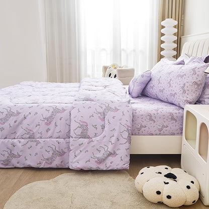 Mooreeke Full Size Comforter Sets for Girls Kids, 8 Pieces Bed in a Bag Purple Floral Unicorn Bedding Comforter Sheet Set with Shams and Decorative Toy Pillow, Ultral Soft Microfiber Kids Bed Set