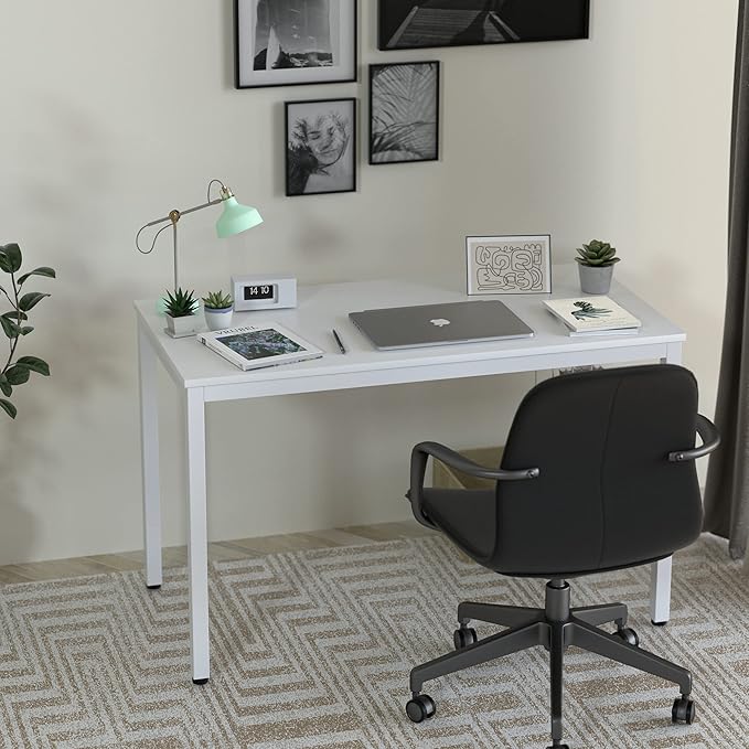 White Computer Desk 47" Writing Desk Study Table with CPU Storage Shelf for Home Office, Workstation, Office, Gaming Room- Sturdy Stable White Metal Frame