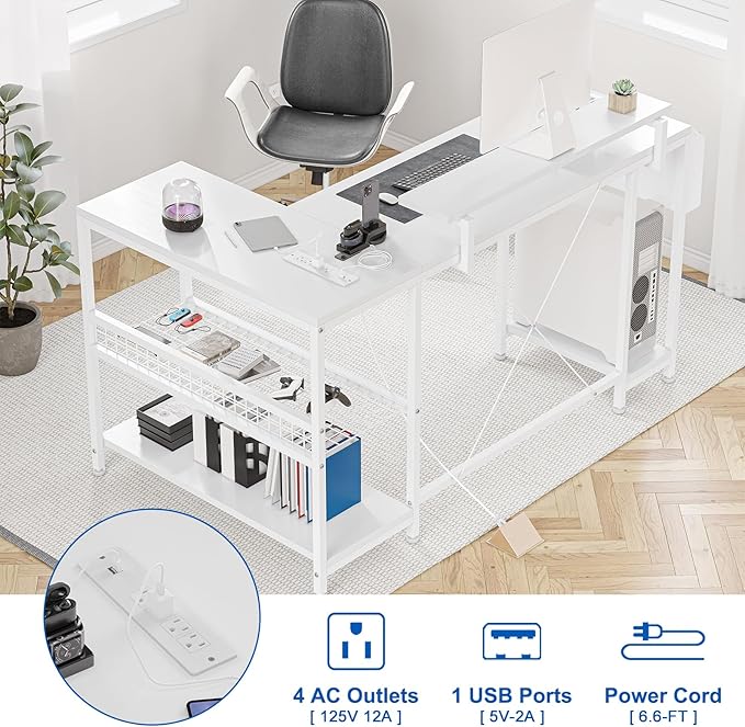 L Shaped Computer Desk with Power Outlets & LED Light, 49.6" Reversible Corner Computer Desk with Storage Shelves & Monitor Stand, Home Office Desk, Gaming Desk, Writing Desk (White)