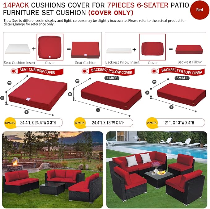 ClawsCover 14Pack Outdoor Seat and Back Cushions Replacement Covers Fit for 7Pieces 6-Seater Wicker Rattan Patio Furniture Set Sectional Couch Chair,Red-Include Cover Only (Small)