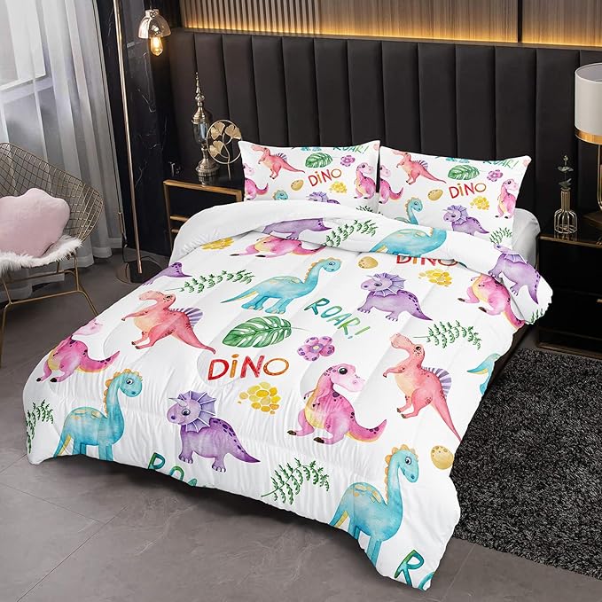 Cartoon Dinosaur Comforter Set Twin 3Pc Kawaii Dinosaur Bedding Set All Season with Tree, Leaf Decoration includes 1 Comforter, 2 Pillowcases for Kids Girls Teens