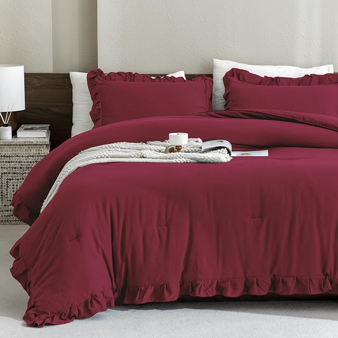 Andency Burgundy Comforter Set Queen Size, 3 Pieces Shabby Chic Ruffle Bedding Comforter Sets for Queen Bed, Lightweight Fluffy Soft Microfiber Farmhouse Comforter Set