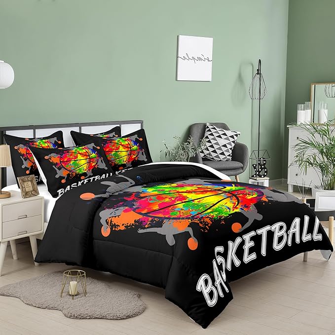 NINENINE Black Basketball Comforter Set for Boys Kids Teens Twin Size Sports Bedding Watercolor Tie-dye Comforter Color Graffiti Hip Hop Style Bed Set with 1 Comforter 1 Pillowcase