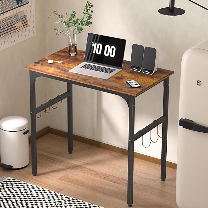 VECELO 32 Inch Small Computer Stable Writing Study Work 4 Hooks Adjustable Feet Wooden Desk for Home,Bedroom,Rusic Brown, 32Inches