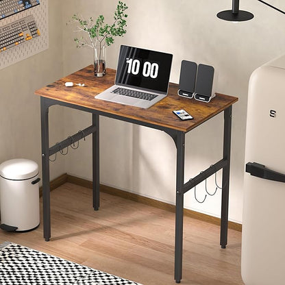 VECELO 32 Inch Small Computer Stable Writing Study Work 4 Hooks Adjustable Feet Wooden Desk for Home,Bedroom,Rusic Brown, 32Inches