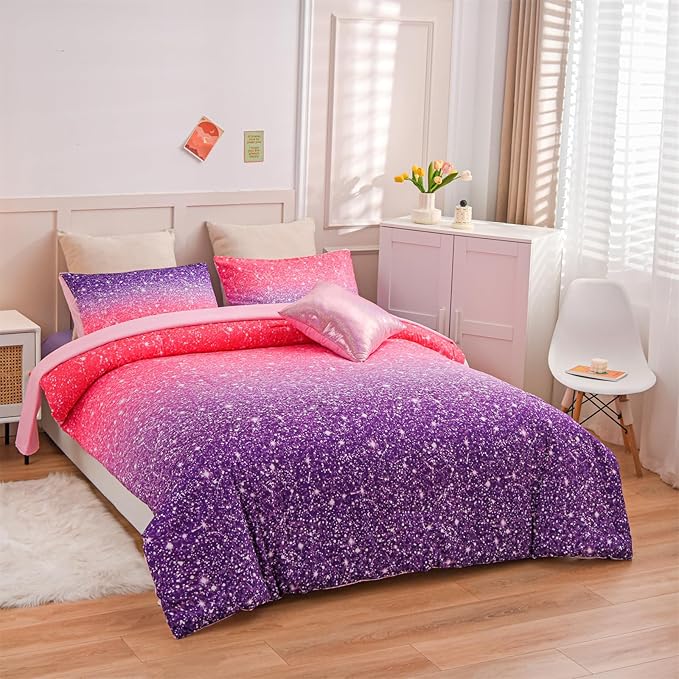 A Nice Night Girls Comforter Set Twin Size 6 Piece Bed in A Bag 3D Colorful Sparkle Galaxy Rainbow Bedding Comforter Sheet Sets for Kids,RedPurple