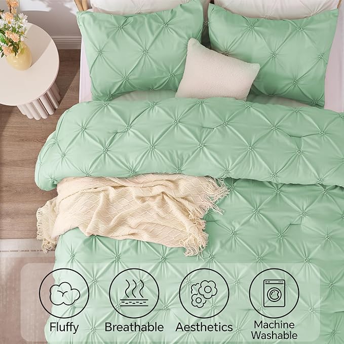 BEDELITE Green Twin Comforter Set for Girls - 2 Peices Boho Pintuck Bedding Comforter Sets, Lightweight Soft & Warm Twin Bedding Sets with 1 Pillowcase for All Season