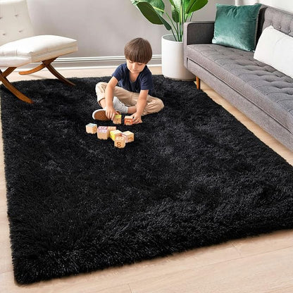 Super Soft Fluffy Shaggy Rugs 5x8 Feet for Living Room Bedroom, Fuzzy Plush Area Rugs for Girls Kids Room Nursery Home Decor, Furry Dorm Rug Cute Non-Slip Indoor Floor Carpet, Black