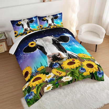 HOSIMA Cow Print Comforter Set with 2 Pillowcases,Farm Animal Theme Bedding Set Sunflower Full Size Comforter for Adults Teens Kids,Farm Starry Sky Toddler Comforter Floral Bedding Set.