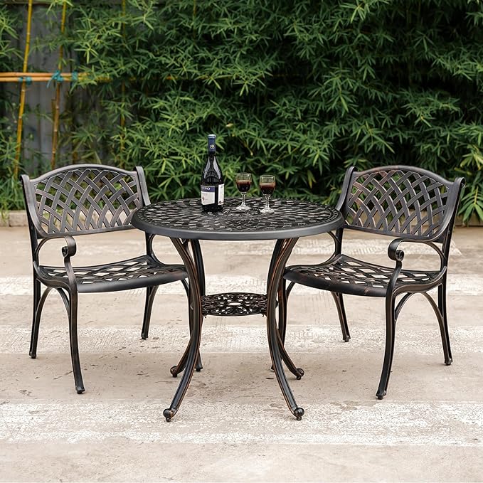 Cast Aluminum Patio Dining Set, Outdoor Bistro Set, 31.5" Round Patio Table with Umbrella Hole, 2 Patio Chairs for Yard Porch Garden Balcony