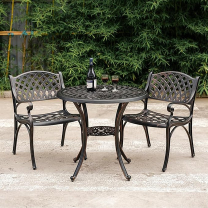 Cast Aluminum Patio Dining Set, Outdoor Bistro Set, 31.5" Round Patio Table with Umbrella Hole, 2 Patio Chairs for Yard Porch Garden Balcony