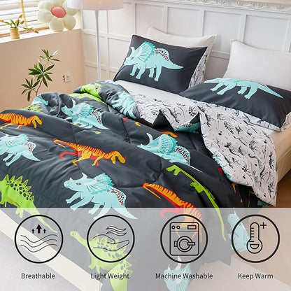 RYNGHIPY Dinosaur Bedding Set Twin Size Dinosaur Kids Comforter Set for Boys Girls Soft Breathable Cute Dinosaur Bed Set for All Season (Black,Twin)
