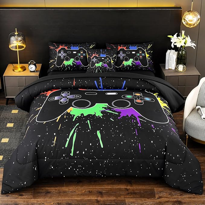 DORCAS Twin Size Gamer Comforter Set with Sheets for Boys,Game Console Black Bedding Set for Kids,6 Pieces Bedding Set Boys Colorful Graffiti Gaming Comforter,Sheets,Pillowcases (Black, Twin)