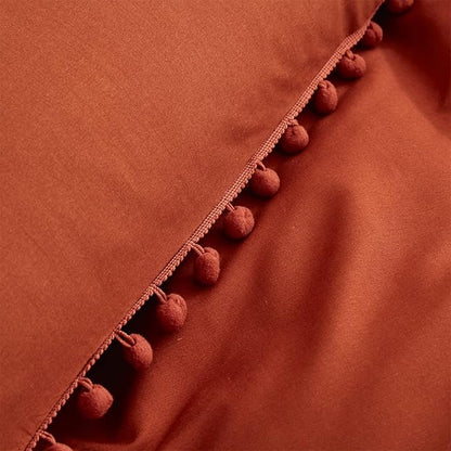 Burnt Orange Comforter Set King Size Rust Pom Comforter 3 PCs Burnt Orange Boho Ball Pom Fringe King Comforter Bedding Set Women Solid Terracotta King Bed Comforter Set All Season Gift