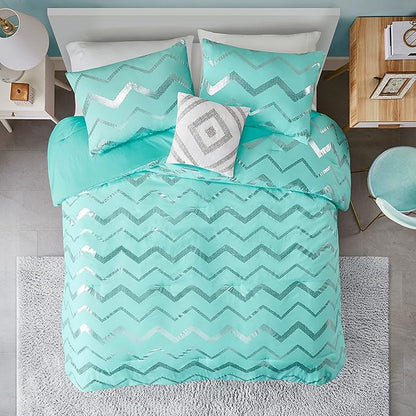 Codi Metallic Teal and Silver Comforter Set, Twin/Twin-XL Size, Cute Aqua Turquoise Bedding Sets, 3 Piece (1 Matching Sham + 1 Decorative Pillow)