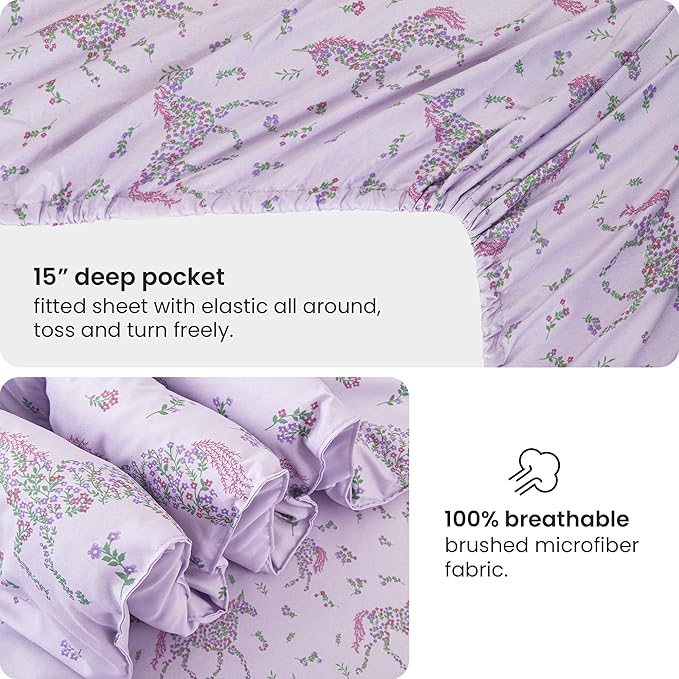 Mooreeke Full Size Comforter Sets for Girls Kids, 8 Pieces Bed in a Bag Purple Floral Unicorn Bedding Comforter Sheet Set with Shams and Decorative Toy Pillow, Ultral Soft Microfiber Kids Bed Set