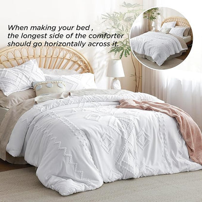 Bedsure Boho Comforter Set King - White Tufted Bedding Comforter Set, 3 Pieces Farmhouse Shabby Chic Embroidery Bedding Set, Soft Geometric Pattern Comforter for All Seasons