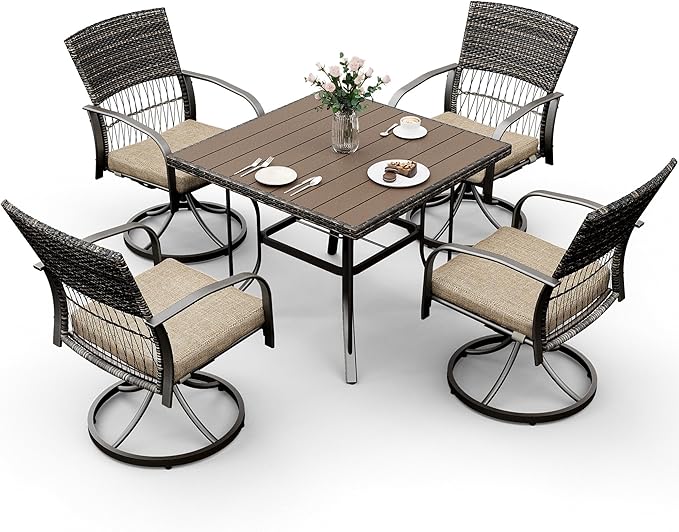 Pamapic 5 Piece Patio Dining Set for 4,Outdoor Wicker Furniture Set for Backyard Garden Deck Poolside with 4 Cushions Swivel Rocker Chairs,Square Plastic-Wood Table Top, Removable Cushions(Beige)
