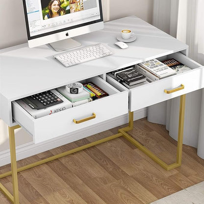 Tribesigns 40 Inch Computer Desk, White and Gold Desk with 2 Drawers, Modern Simple Home Office Desk, Gold Writing Desk Study Table for Bedroom, Modern Makeup Vanity Desk for Small Spaces