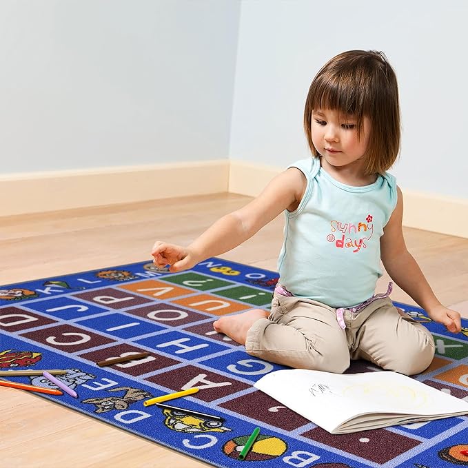 Machine Washable Educational Alphabet Design Non-Slip Rubberback 3x5 Kid's Area Rug for Playroom, Kid's Room, Bedroom, Kindergarten, 3'3" x 5', Blue