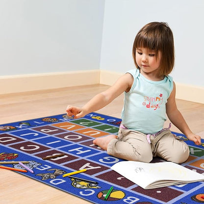 Machine Washable Educational Alphabet Design Non-Slip Rubberback 3x5 Kid's Area Rug for Playroom, Kid's Room, Bedroom, Kindergarten, 3'3" x 5', Blue