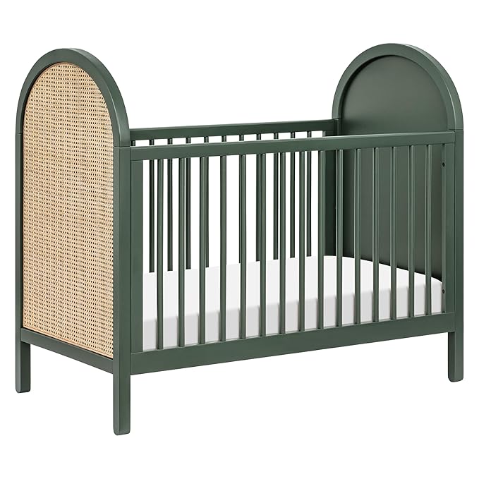 babyletto Bondi Cane 3-in-1 Convertible Crib with Toddler Bed Conversion Kit in Forest Green with Natural Cane, Greenguard Gold Certified