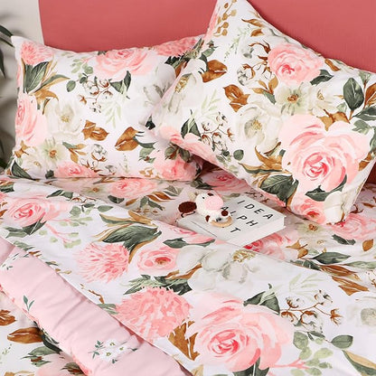 DILIMI Twin Comforter Set for Girls, Reversible Pink Floral Comforter Twin Size Bed, 5 Pieces Ultra Soft Twin Bedding Sets with Comforter, Flat Sheet, Fitted Sheet, 2 Pillowcase