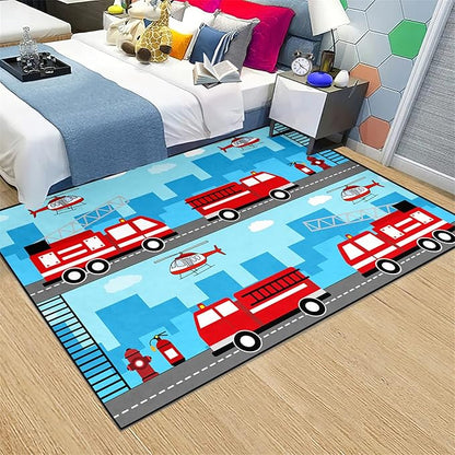 Car Rug Play Mat Car Rug Play Mat Car Rug for Boys Room Fire Fighting Truck Red Car Printed Rug Play Rug for Cars and Trucks Play Rugs for Kids Rooms,Light Blue 5'×7'