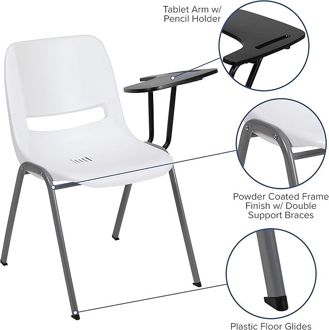 Flash Furniture HERCULES 5 Pack White Ergonomic Shell Chair with Left Handed Flip-Up Tablet Arm