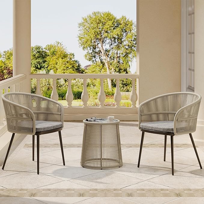 EAST OAK 3-Piece Patio Bistro Set, Patio Conversation Bistro Set with 2 Wide Ergonomic Chairs, Cushions & Glass Top Side Table, Outdoor All-Weather Wicker Furniture for Porch, Backyard, Brown & Grey