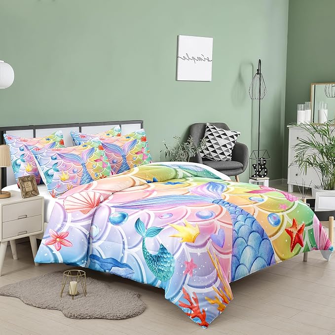 NINENINE Mermaid Tail Bedding Mermaid Comforter Set,Blue Glitter Bedding Full Comforter Sets for girls,Rainbow Scales Bedding Sets with 1Comforter 2Pillowcases