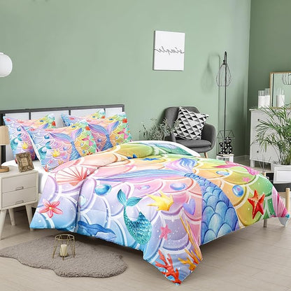 NINENINE Mermaid Tail Bedding Mermaid Comforter Set,Blue Glitter Bedding Full Comforter Sets for girls,Rainbow Scales Bedding Sets with 1Comforter 2Pillowcases