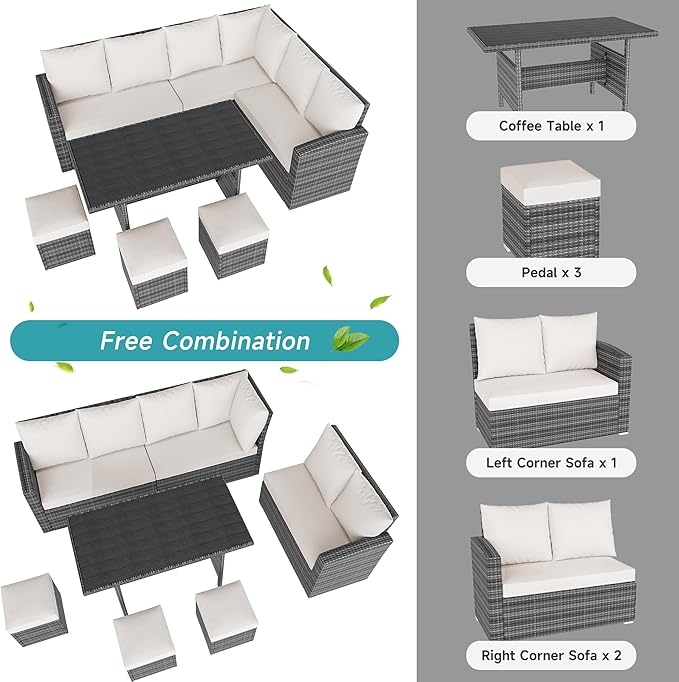 IDEALHOUSE 7 Pieces Outdoor Dining Set,Patio Sectional Sofa Conversation Set All Weather Wicker Rattan Couch Dining Table & Chair with Ottoman Beige