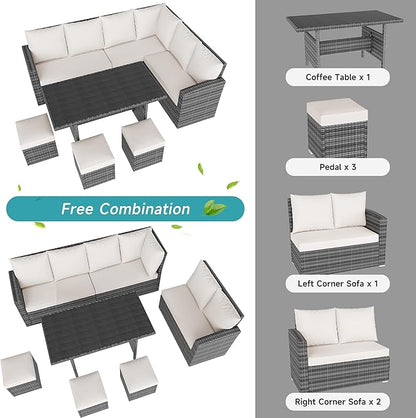 IDEALHOUSE 7 Pieces Outdoor Dining Set,Patio Sectional Sofa Conversation Set All Weather Wicker Rattan Couch Dining Table & Chair with Ottoman Beige
