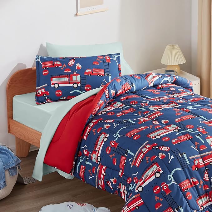 SLEEP ZONE Kids Bedding Twin Comforter Set - Super Soft & Cute Printed 2-Piece Comforter Set All Seasons for Boys, Girls, Fade Resistant, Machine Washable, Fire Truck