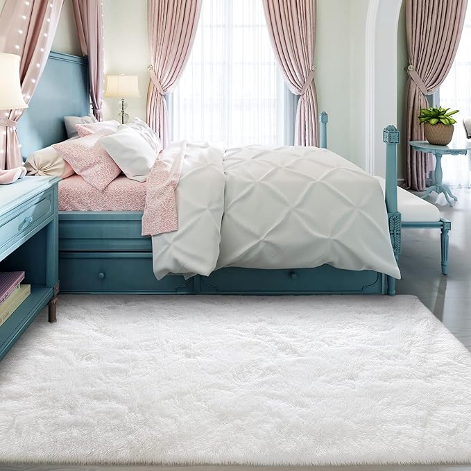 Super Soft Fluffy Shaggy Rugs 5x8 Feet for Living Room Bedroom, Fuzzy Plush Area Rugs for Girls Kids Room Nursery Home Decor, Furry Dorm Rug Cute Non-Slip Indoor Floor Carpet, Cream White