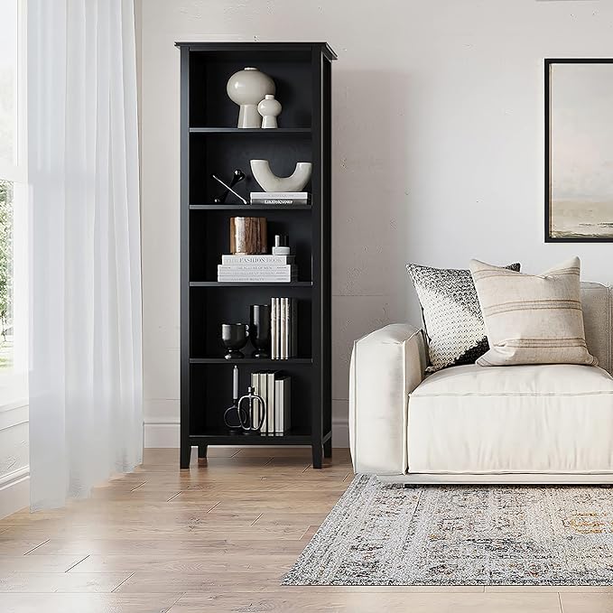 SIMPLIHOME Artisan SOLID WOOD 26 Inch Contemporary 5 Shelf Bookcase in Black, For the Living Room, Study Room and Office