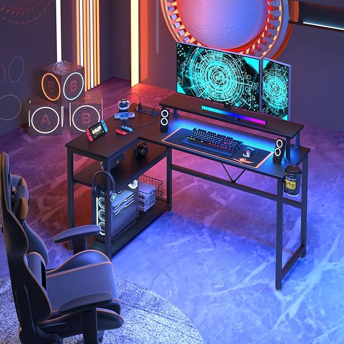L Shaped Gaming Desk with Power Outlets & LED Strip Lights,Computer desk with Large Monitor Stand,Corner Desk with Storage Shelf,Headphone Hook&Cup Holder for Home Office