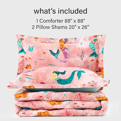Twin Mermaid Bedding Sets for Girls, 3 Pieces Kids Queen Comforter Sets, Super Soft Lightweight for All Seasons, Includes 1 Comforter (88"x88") and 2 Pillowcase (20"x26"+2")